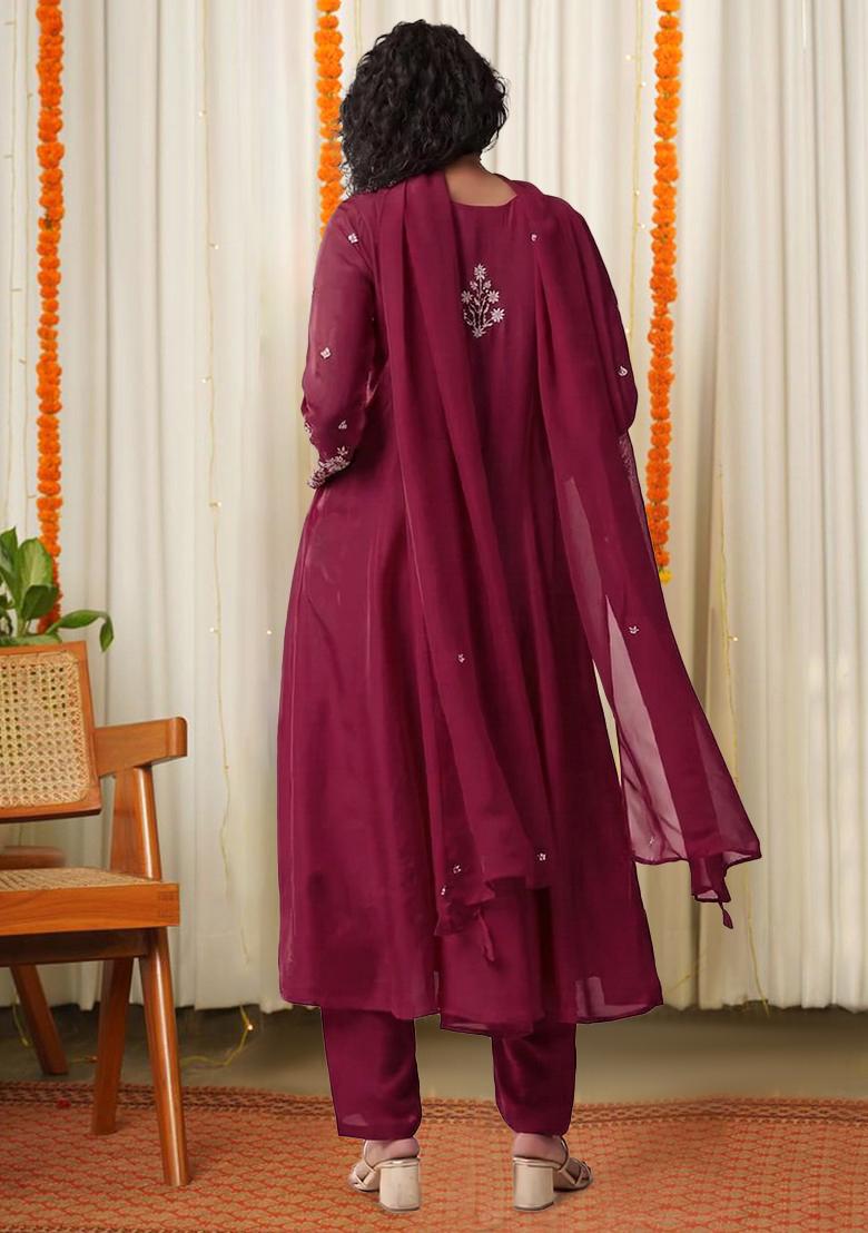 Maroon Dola Silk Handwork Anarkali Set - Indya
