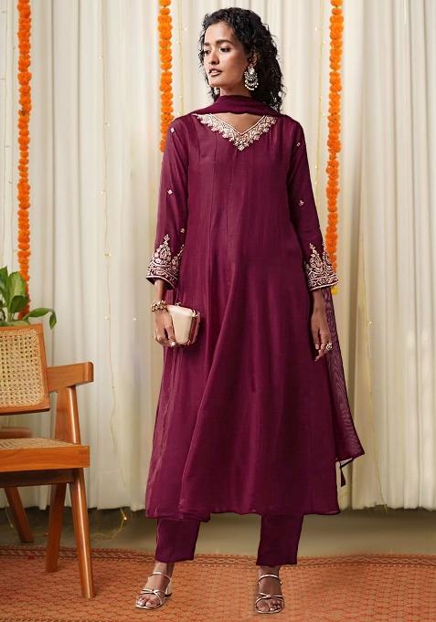Maroon Dola Silk Handwork Anarkali Set