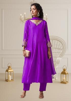 Purple Dola Silk Handwork Anarkali Set