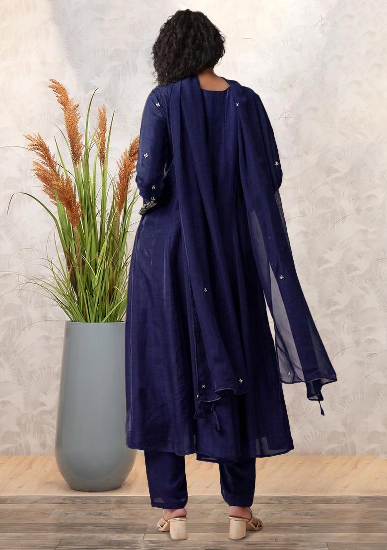 Navy Blue Dola Silk Handwork Anarkali Set - Indya