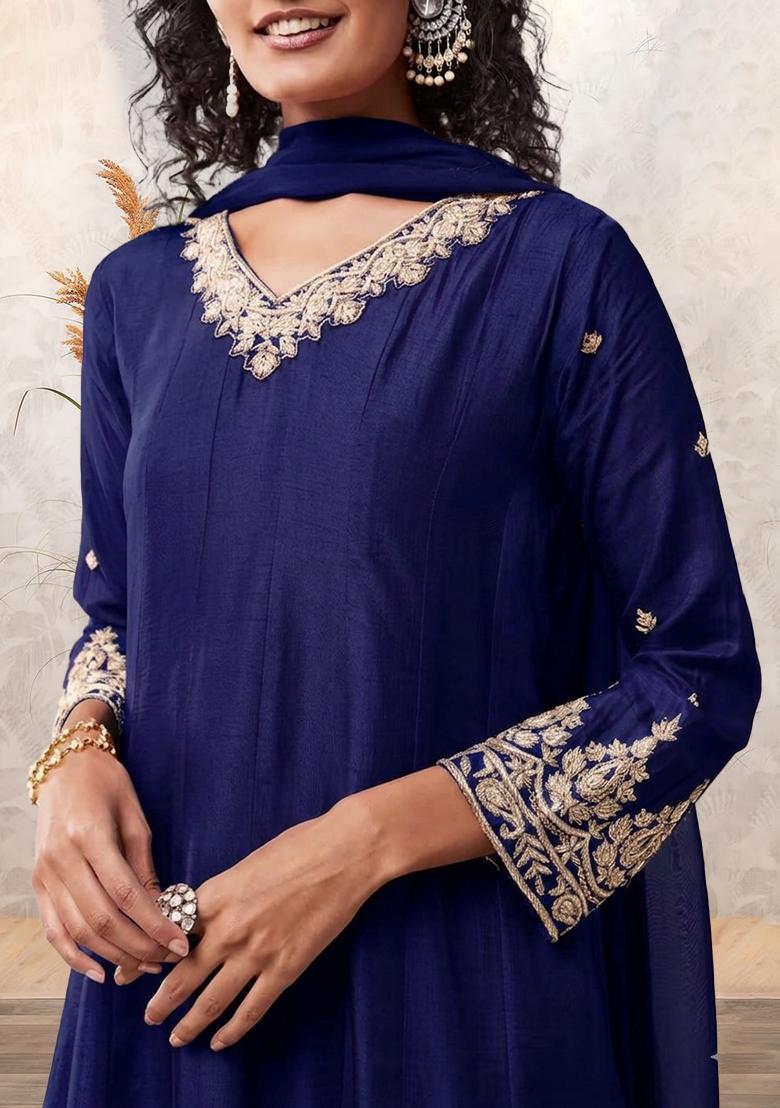 Navy Blue Dola Silk Handwork Anarkali Set - Indya