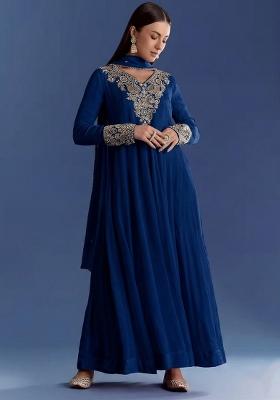 Deep Royal Blue Chinon Handwork Anarkali With Dupatta