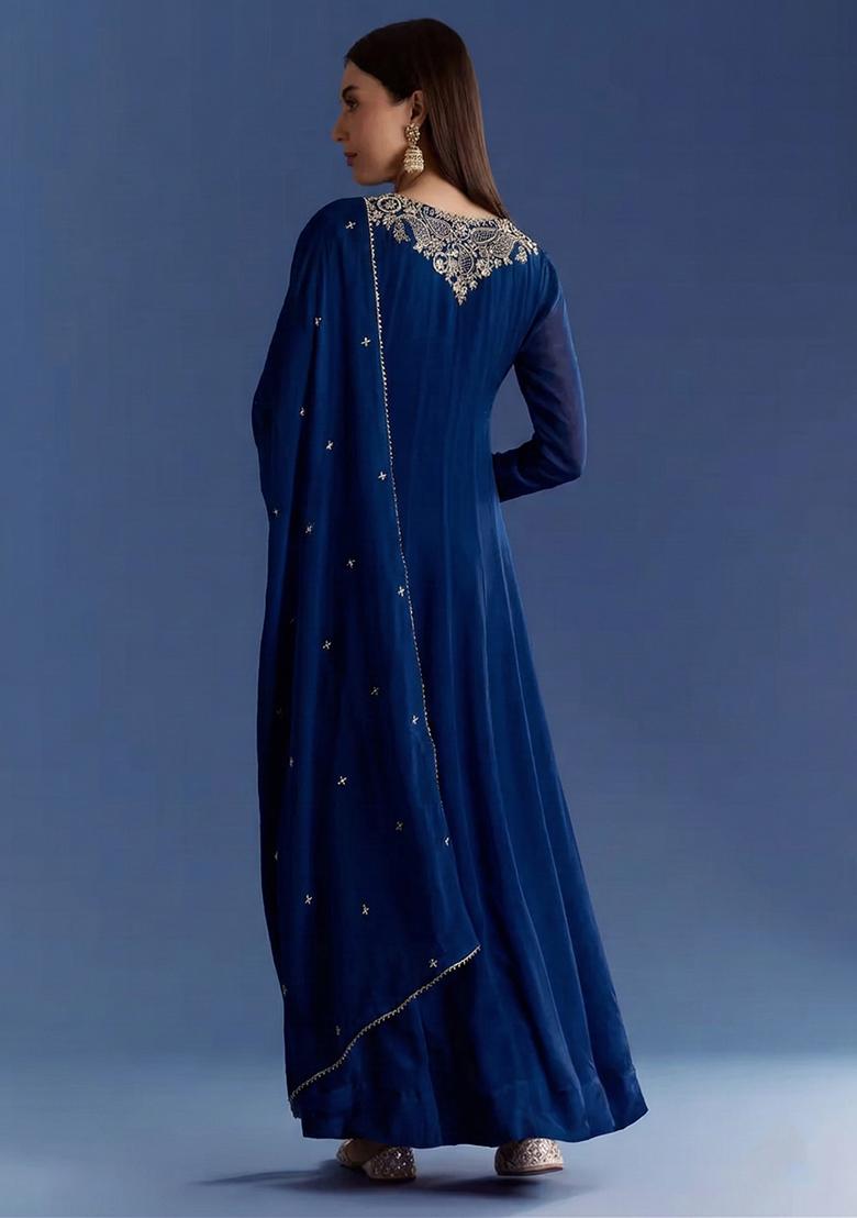 Deep Royal Blue Chinon Handwork Anarkali With Dupatta - Indya