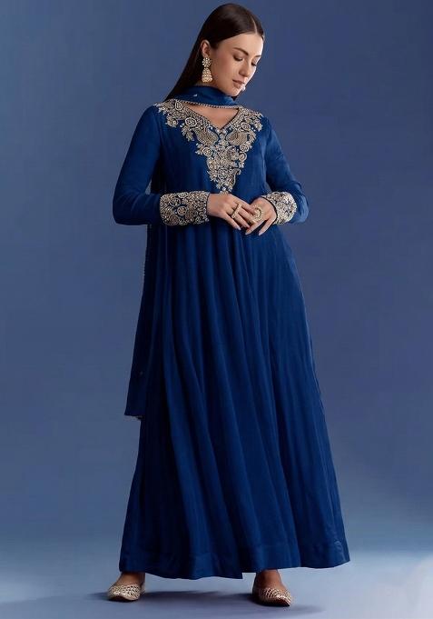 Deep Royal Blue Chinon Handwork Anarkali With Dupatta