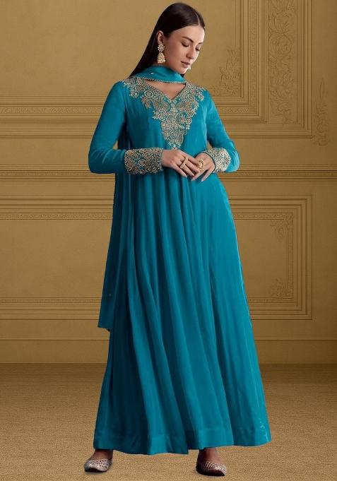 Peacock Green Chinon Handwork Anarkali With Dupatta