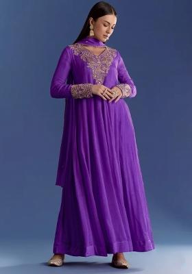 Purple Chinon Handwork Anarkali With Dupatta