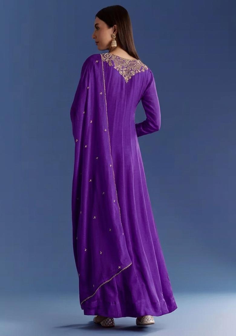 Purple Chinon Handwork Anarkali With Dupatta - Indya