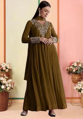 Olive Chinon Handwork Anarkali With Dupatta
