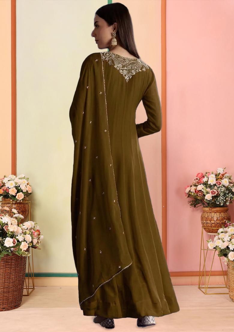Olive Chinon Handwork Anarkali With Dupatta - Indya