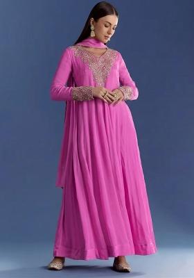 Pink Chinon Handwork Anarkali With Dupatta