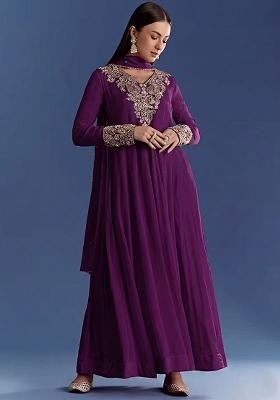 Purple Chinon Handwork Anarkali With Dupatta