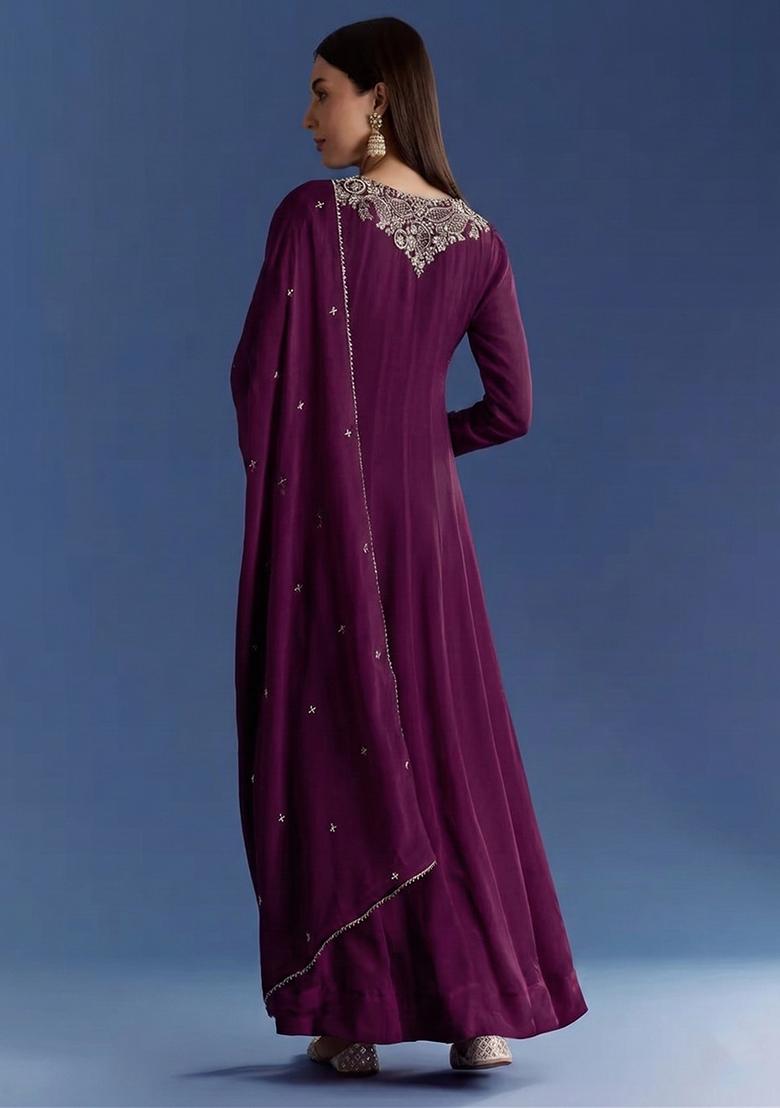 Purple Chinon Handwork Anarkali With Dupatta - Indya