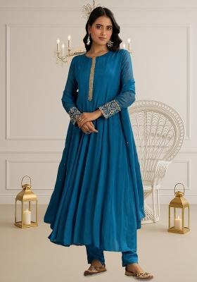 Blue Chinon Handwork Anarkali Set