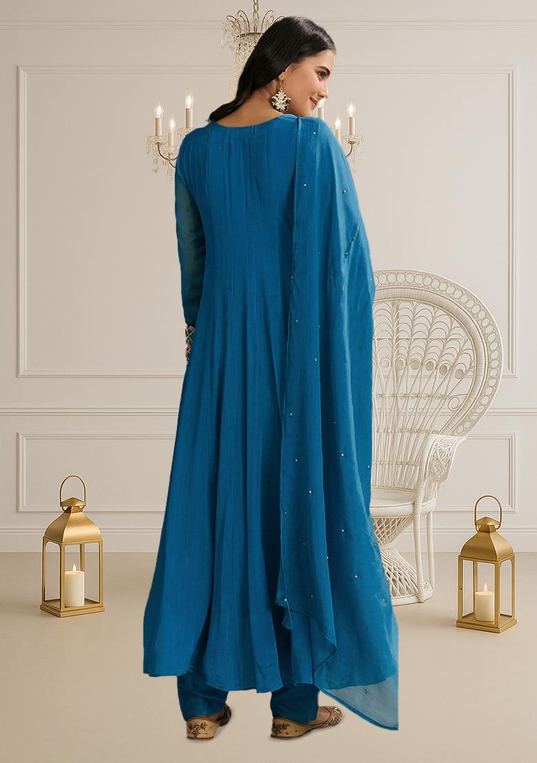 Blue Chinon Handwork Anarkali Set - Indya