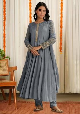 Grey Chinon Handwork Anarkali Set