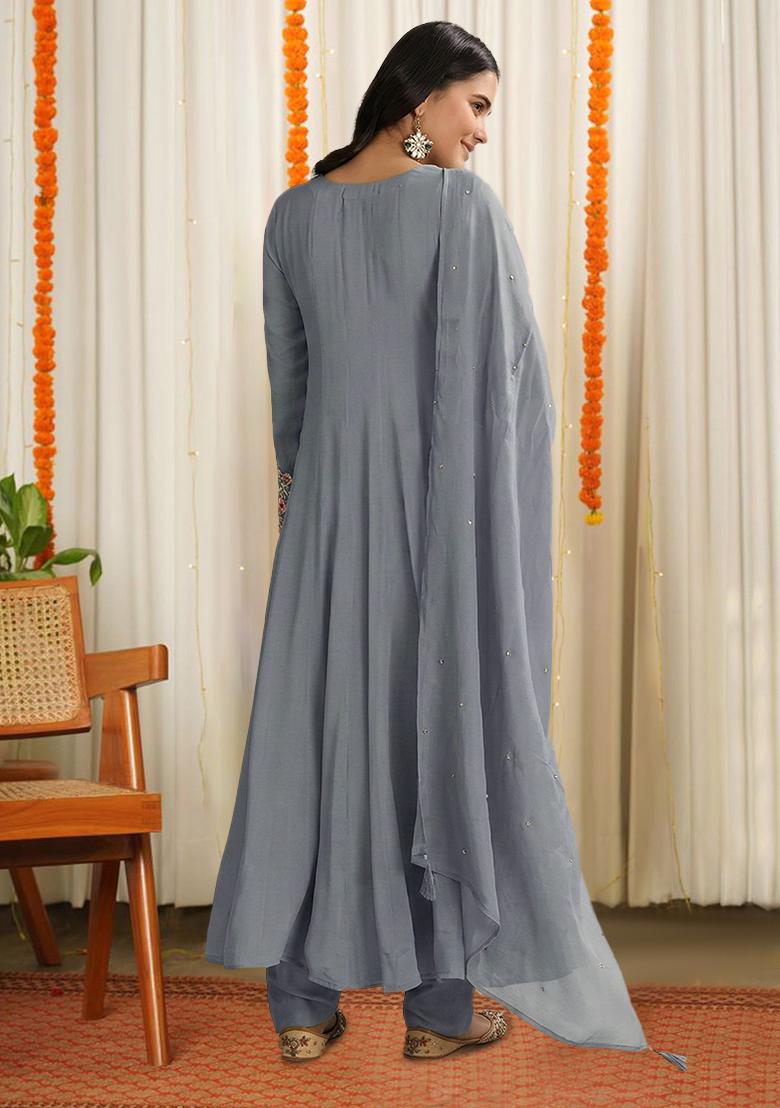 Grey Chinon Handwork Anarkali Set - Indya