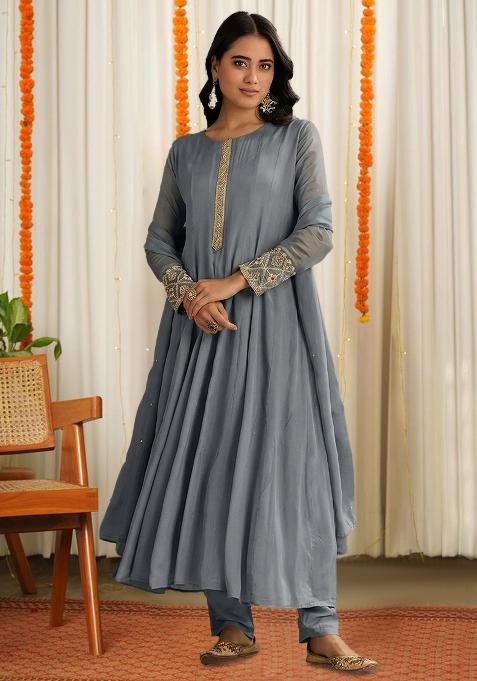 Grey Chinon Handwork Anarkali Set