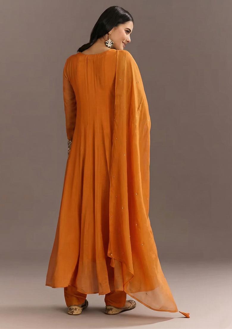 Orange Chinon Handwork Anarkali Set - Indya