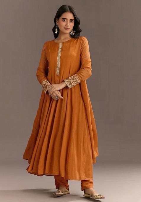 Orange Chinon Handwork Anarkali Set