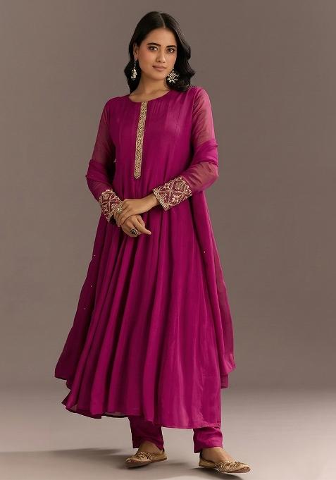 Rani Pink Chinon Handwork Anarkali Set