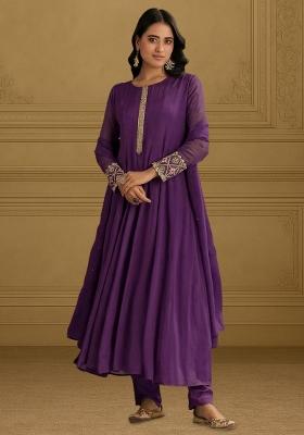 Purple Chinon Handwork Anarkali Set