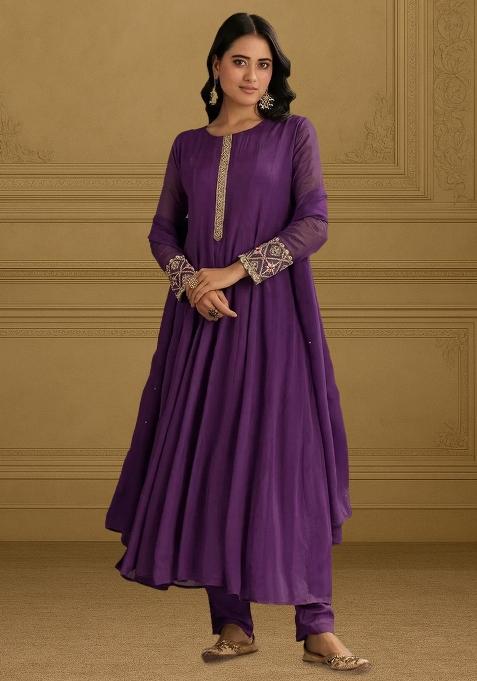 Purple Chinon Handwork Anarkali Set