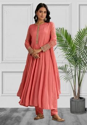Coral Pink Chinon Handwork Anarkali Set