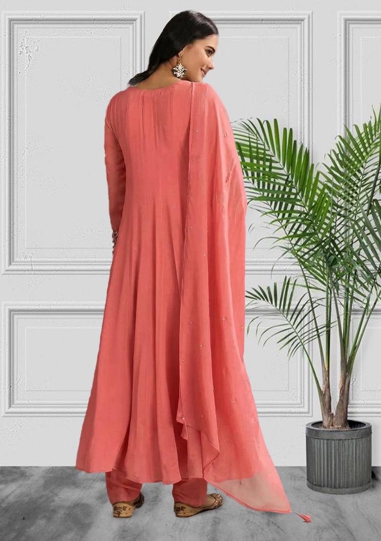 Coral Pink Chinon Handwork Anarkali Set - Indya