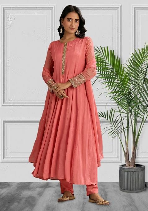Coral Pink Chinon Handwork Anarkali Set
