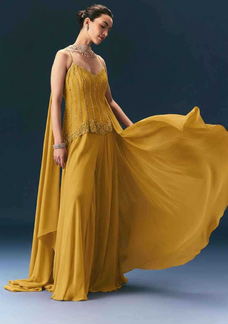 Mustard Crepe Handwork Sharara Set - Indya