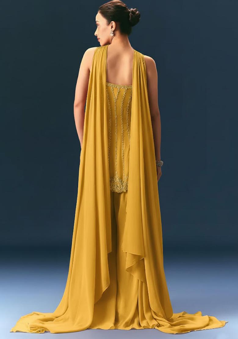Mustard Crepe Handwork Sharara Set - Indya