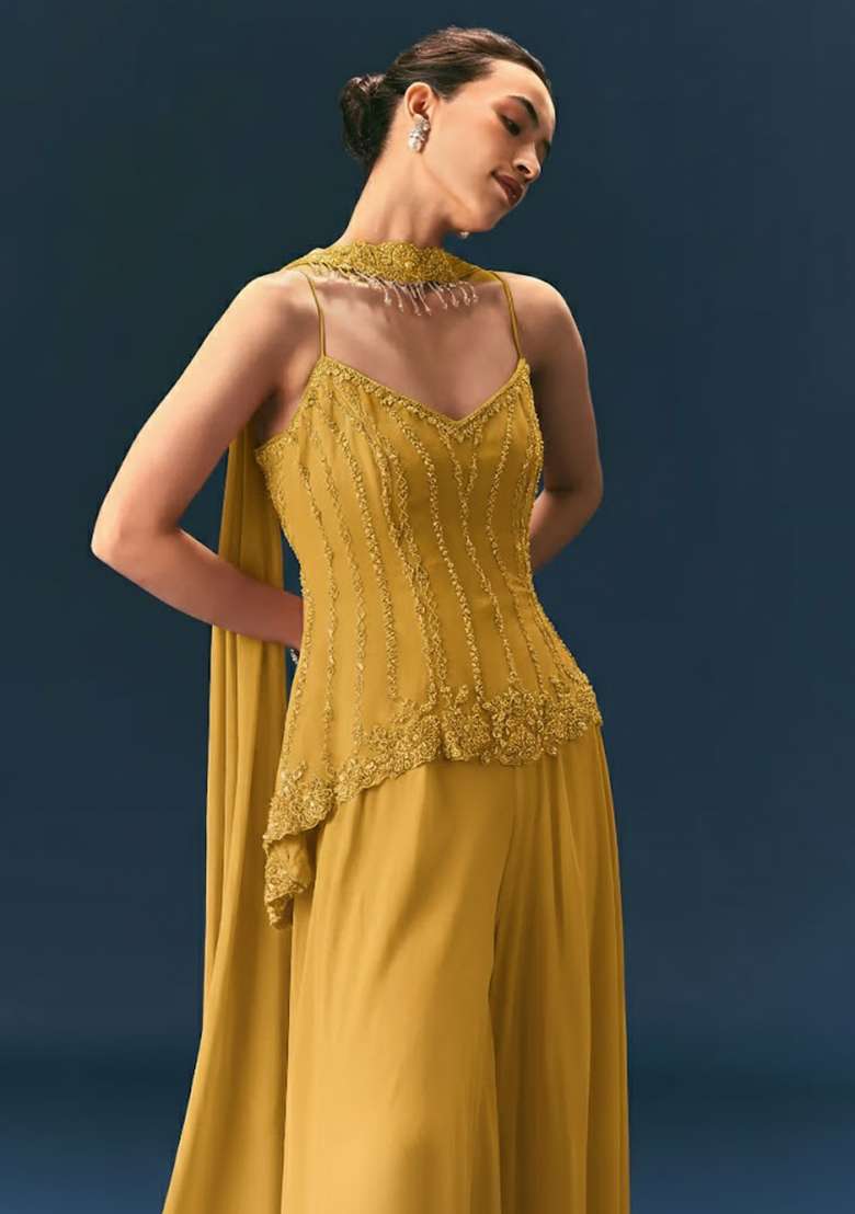 Mustard Crepe Handwork Sharara Set - Indya