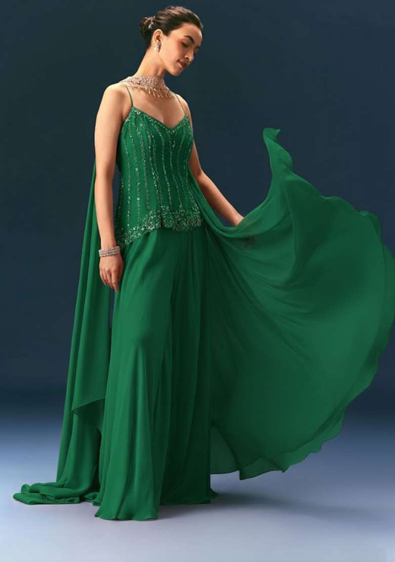 Emerald Green Crepe Handwork Sharara Set - Indya