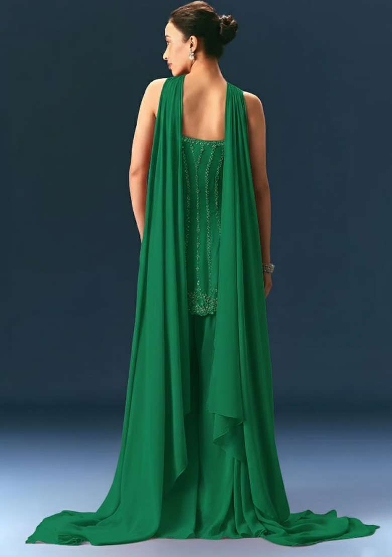 Emerald Green Crepe Handwork Sharara Set - Indya