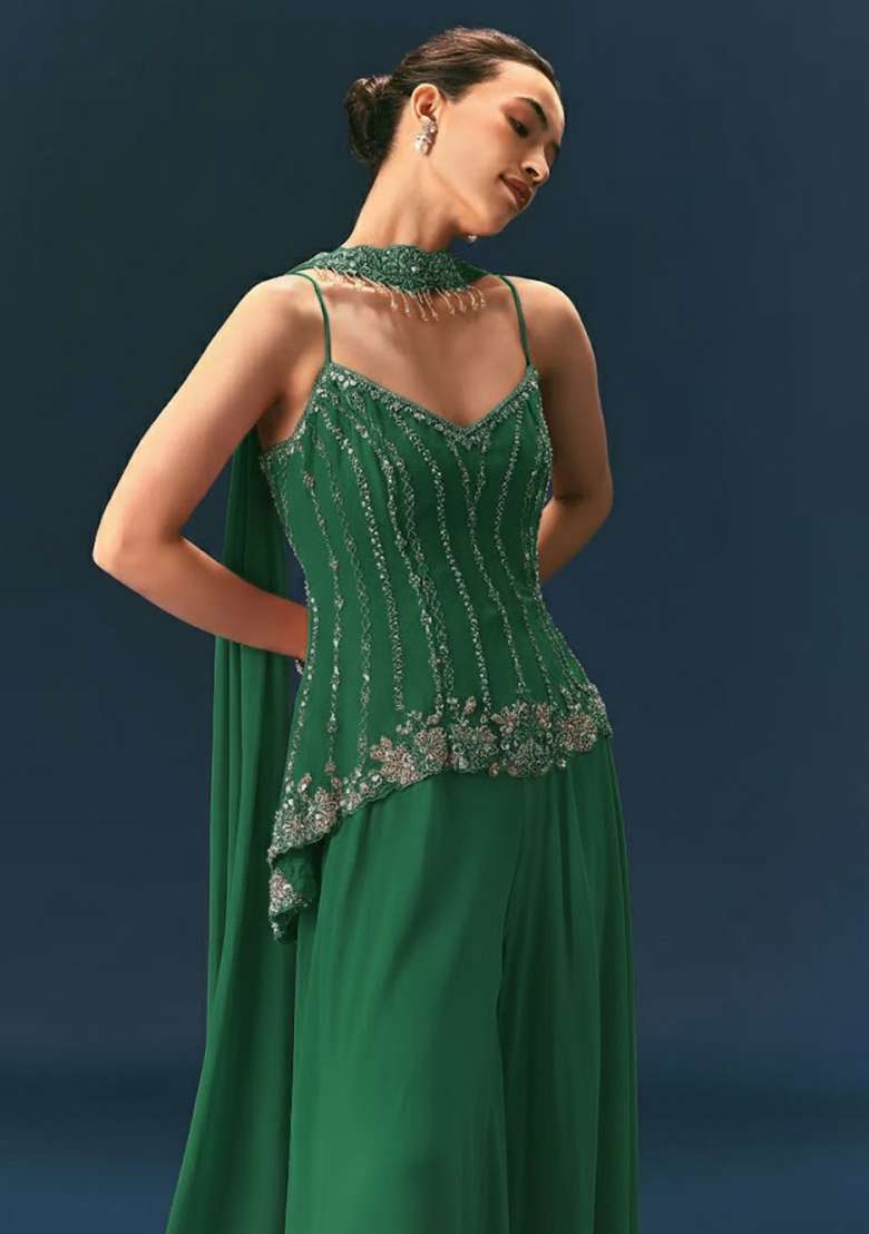 Emerald Green Crepe Handwork Sharara Set - Indya