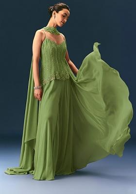 Sage Green Crepe Handwork Sharara Set