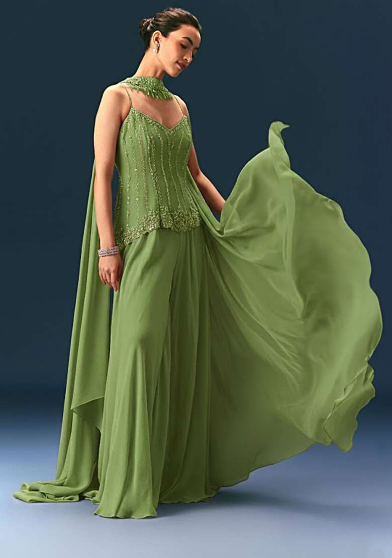 Sage Green Crepe Handwork Sharara Set - Indya