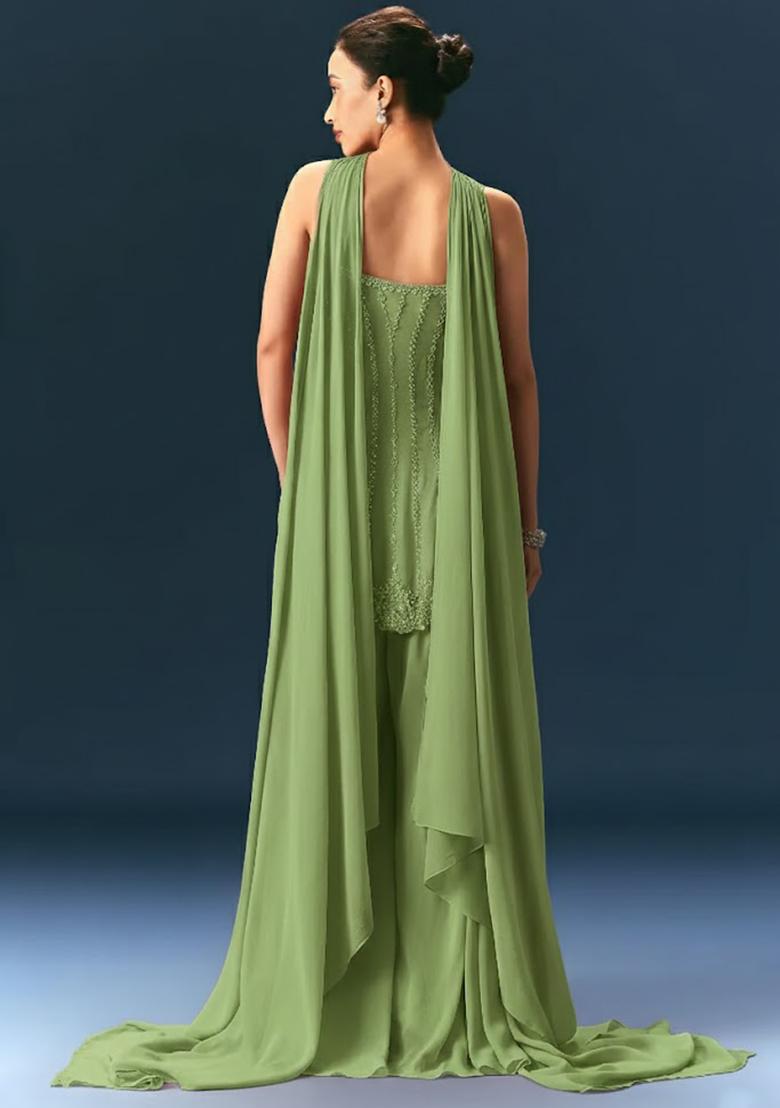 Sage Green Crepe Handwork Sharara Set - Indya