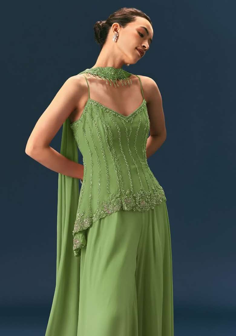 Sage Green Crepe Handwork Sharara Set - Indya