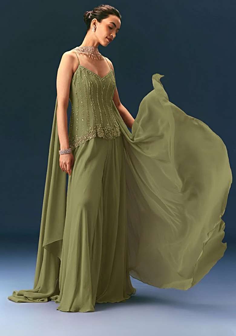 Olive Green Crepe Handwork Sharara Set - Indya