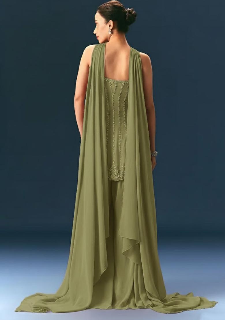 Olive Green Crepe Handwork Sharara Set - Indya