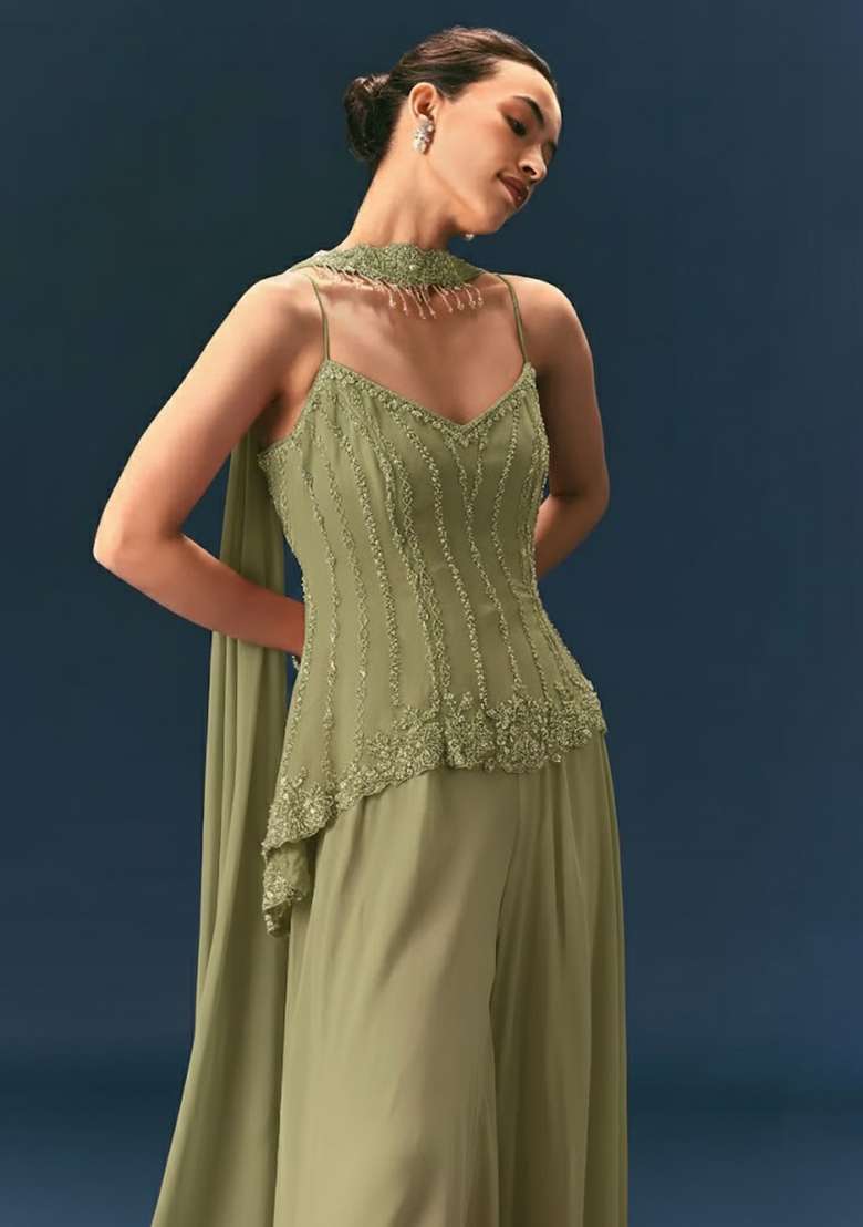 Olive Green Crepe Handwork Sharara Set - Indya