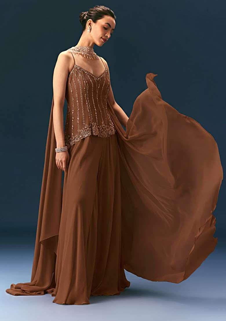 Brown Crepe Handwork Sharara Set - Indya
