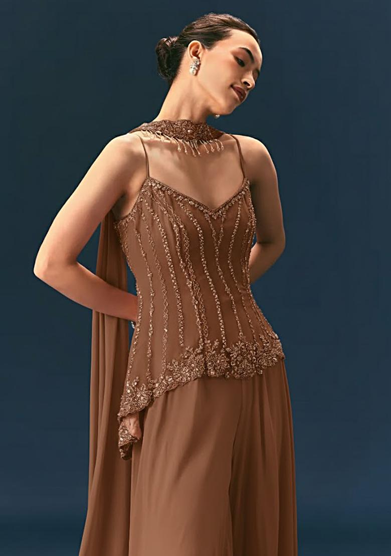 Brown Crepe Handwork Sharara Set - Indya