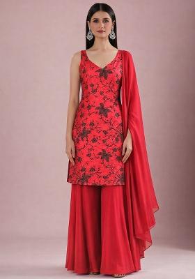 Deep Red Embroidered Chanderi Sharara Set