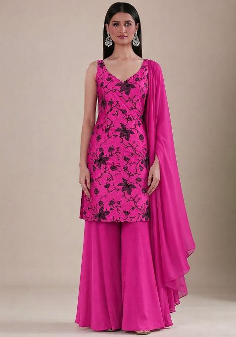 Rani Pink Embroidered Chanderi Sharara Set
