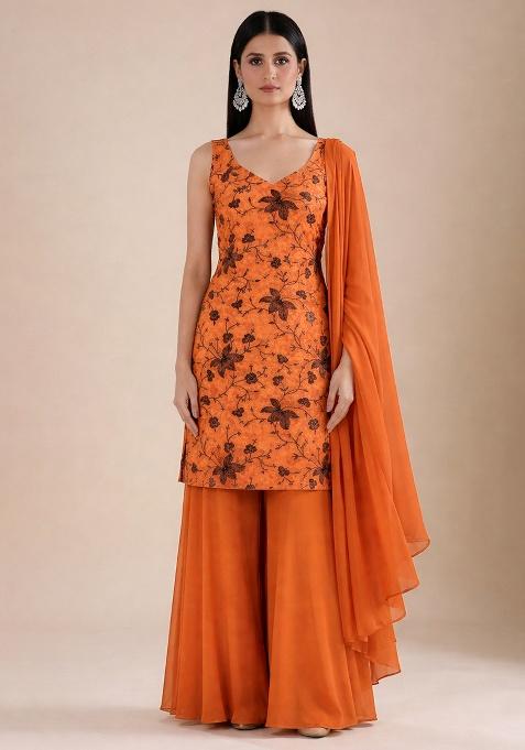 Rust Embroidered Chanderi Sharara Set