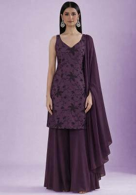 Plum Purple Embroidered Chanderi Sharara Set