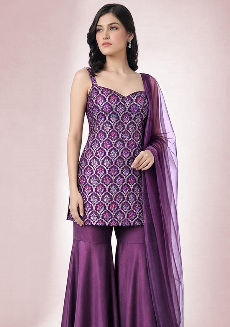 Deep Purple Zari Satin Sharara Set - Indya