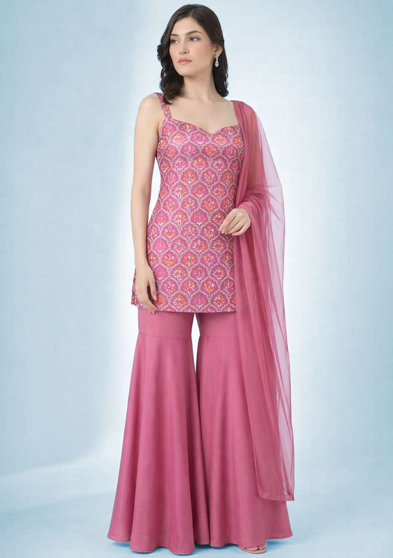 Blush Pink Zari Satin Sharara Set - Indya
